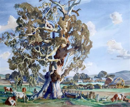 Sir Hans Heysen (1876-1968) Landscape with cattle beneath a gum tree 12.5 x 15.75in.